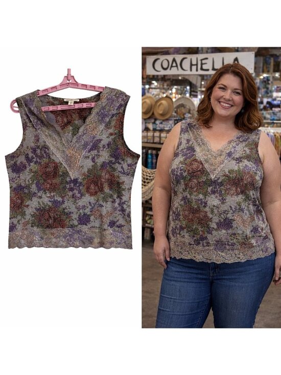 Coldwater Creek Tops - Coldwater Creek XL Sleeveless Dark Floral Lace Trim Top Boho Fairy Made In USA